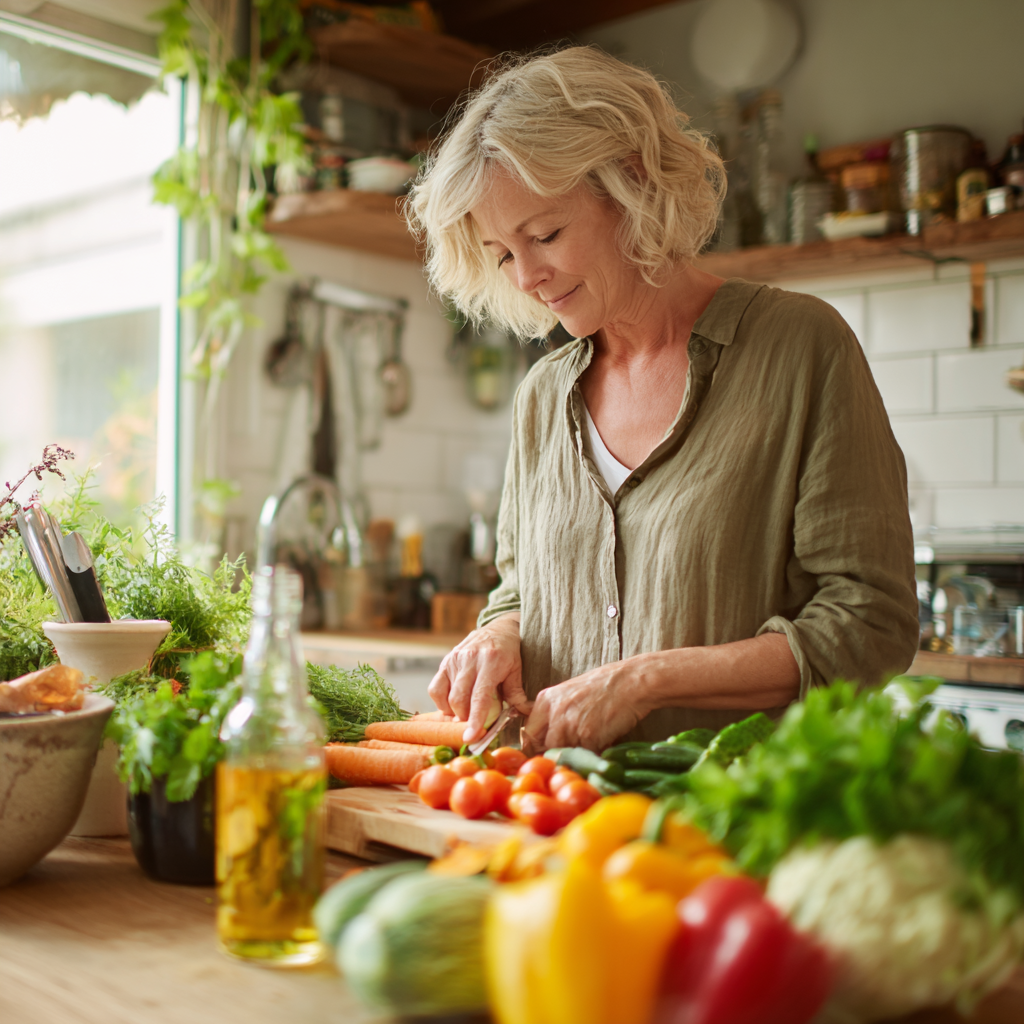 Middle-aged woman preparing fresh vegetables in a bright kitchen, focusing on natural ingredients