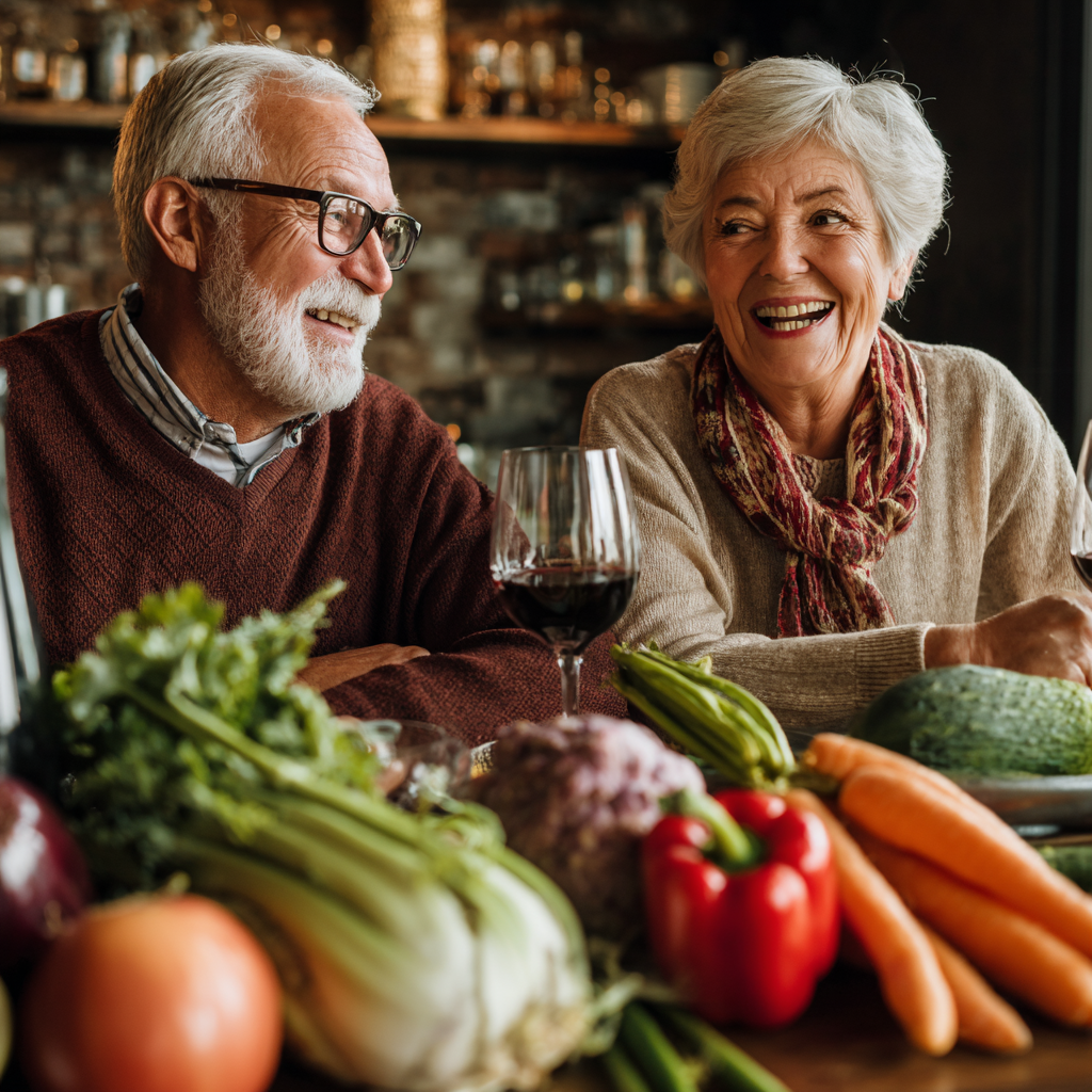Older adults enjoying healthy meal together at home with fresh seasonal ingredients